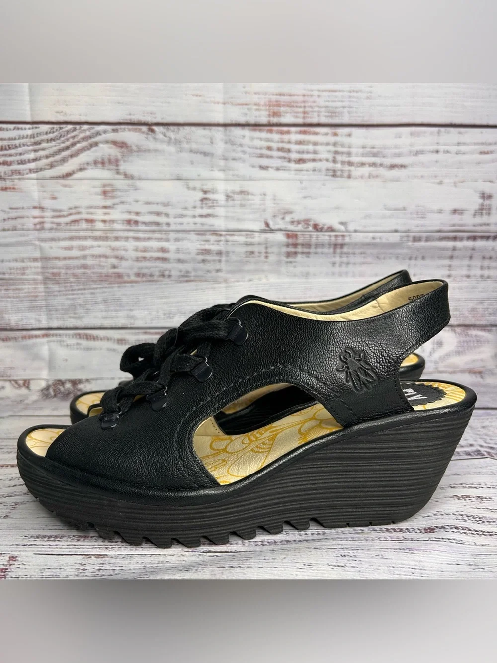 Fly London Lace Up Wedge Sandals Black Leather Women’s Size US 8-8.5/ EU 39